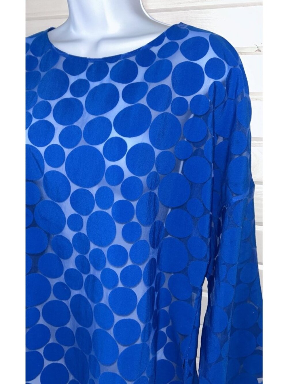 Akris Punto Sz 8 Royal Blue Polka Dot Semi Sheer Blouse Viscose Nylon EUC